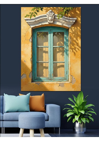 Yeşil Pencere Eski Taş Işçilik Dekoratif Kanvas - Mdf Ahşap Tablo