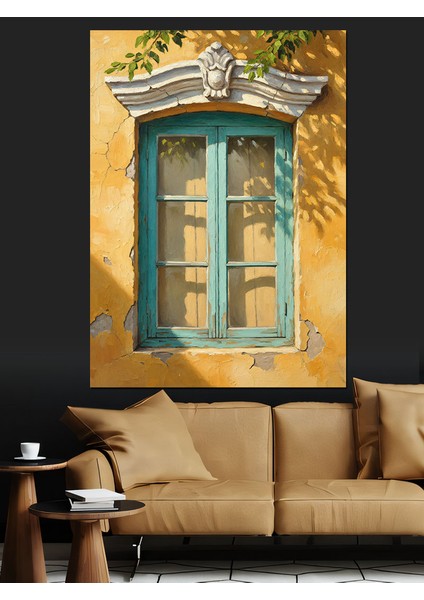Yeşil Pencere Eski Taş Işçilik Dekoratif Kanvas - Mdf Ahşap Tablo fiyatları