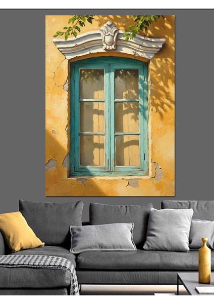 Yeşil Pencere Eski Taş Işçilik Dekoratif Kanvas - Mdf Ahşap Tablo fırsatları