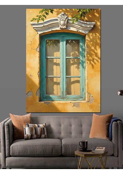 Yeşil Pencere Eski Taş Işçilik Dekoratif Kanvas - Mdf Ahşap Tablo indirimleri