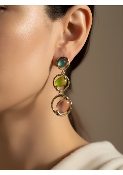 Renkli Taş Detaylı Gold Halkalı Uzun Vip Küpe | Trend Küpe | Zarif Kadın Küpe