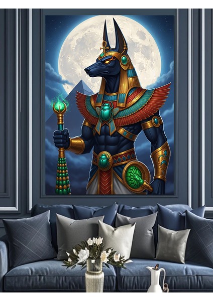 Anubis Tanrısı Ay Gece Dekoratif Kanvas - Mdf Ahşap Tablo