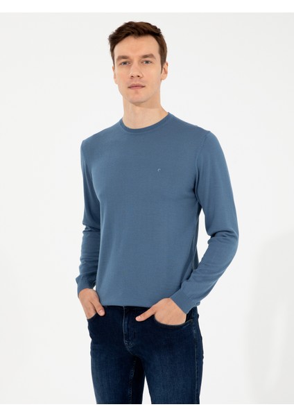 Erkek Mavi Slim Fit Bisiklet Yaka Basic Triko Kazak 50257398-VR036 fiyatları
