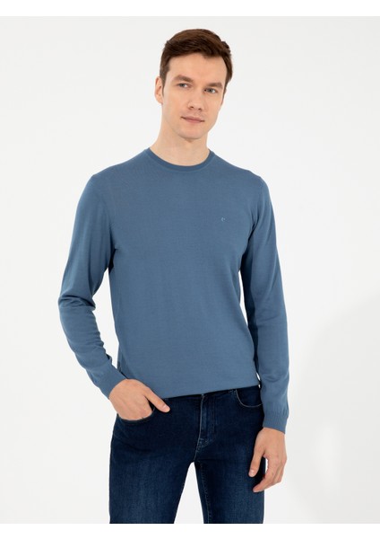 Erkek Mavi Slim Fit Bisiklet Yaka Basic Triko Kazak 50257398-VR036 modelleri