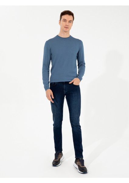 Erkek Mavi Slim Fit Bisiklet Yaka Basic Triko Kazak 50257398-VR036 fırsatları