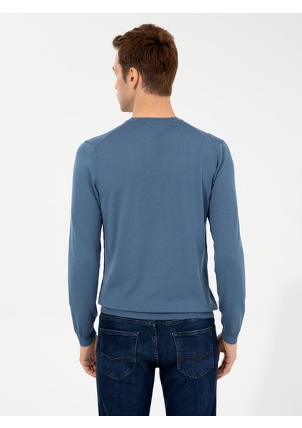 Erkek Mavi Slim Fit Bisiklet Yaka Basic Triko Kazak 50257398-VR036 indirimleri