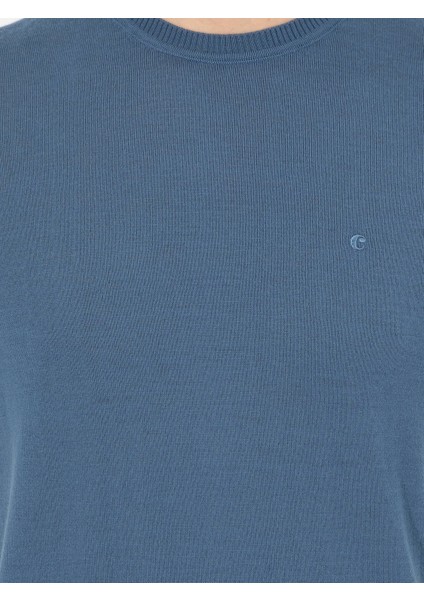 Erkek Mavi Slim Fit Bisiklet Yaka Basic Triko Kazak 50257398-VR036