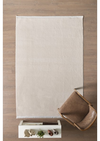 Yumuşak Düz Renk Saçaklı Salon Oturma Odası Yolluk Krem Halı