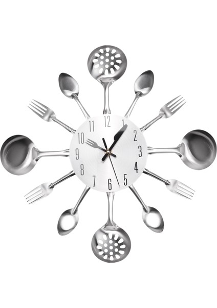 Metal Mutfak Çatal Teşheri Duvar Saati 14 Inç Çatal Kaşık 3D Tikküt Değil Kuvars Batak Odası Ev Dekoru Gümüş (Yurt Dışından)