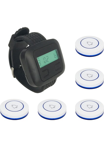 Kablosuz Restoran Çağırma Sistemi 5table Arama Düğmesi Vericileri 1WATCH Çağırıcı Restoran Garson Hizmet Çan Zeninde Bzzer B (Yurt Dışından)