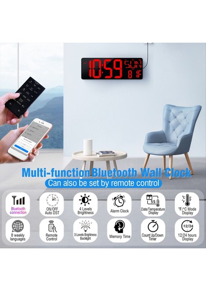 Büyük Dijital Duvar Saati 16 5 Inç Bluetooth Otomatik Zaman Senkronizasyonu LED Dijital Saat Ekran Takvim Saati Ab Fiş (Yurt Dışından)