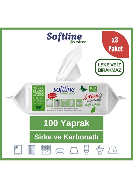 Softline Easy Clean Sirke ve Karbonatlı Islak Mendil Yüzey Temizlik Havlusu & Mendili 3'lü Paket (3X100 Yaprak) fiyatları