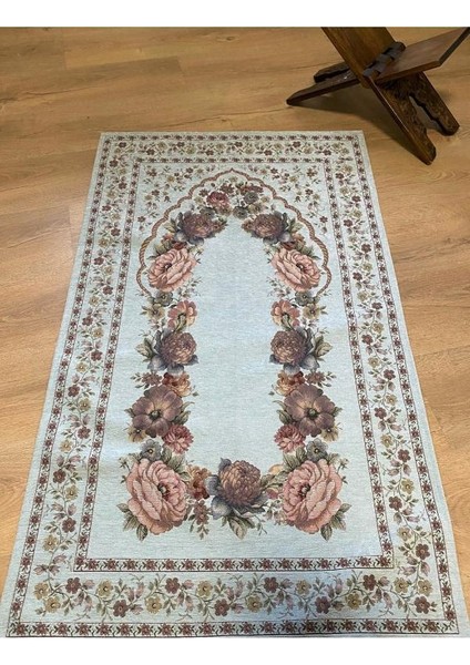 Kınay Buz Mavisi Jakarlı Dokuma Goblen Dekoratif Astarsız Saçaksız Şönilli Seccade 70*115