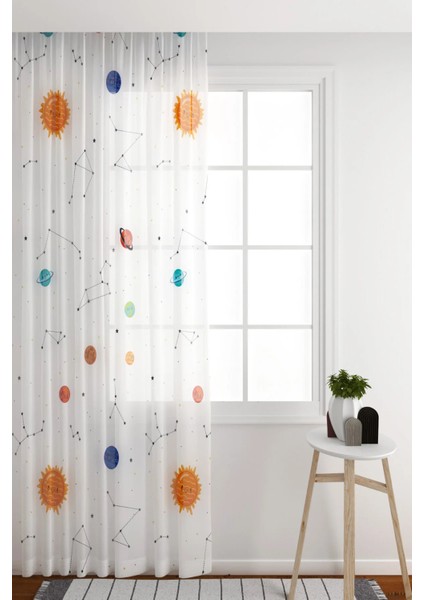 Tül Perde Seyrek Pile (1x2) Çocuk Odası Tül Perde Çocuk Odası Beyaz Perde Uzay Gezegen Desenli Perde