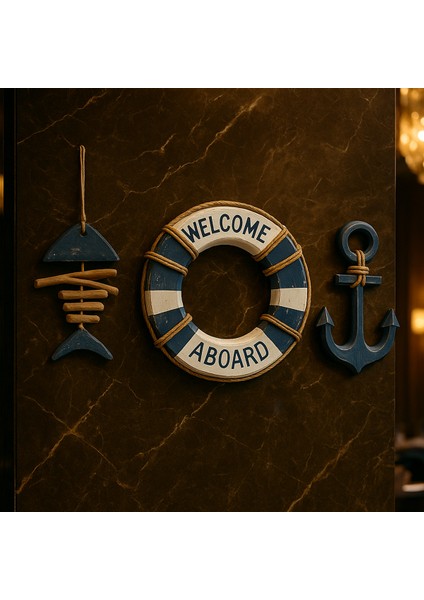 Can Simidi Kılçık Balık ve Çapa Seti Ahşap Duvar Dekoru Deniz