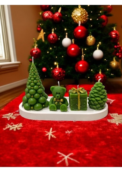 Yılbaşı Dekoratif Mum Seti 5’li Çam Ağacı, Ayıcık, Hediye Kutusu, Kozalak, Sunum Tabağı