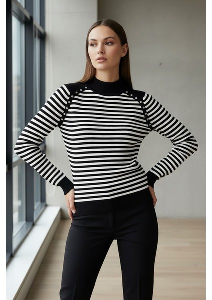 Kadın Omuz Taşlı Çizgili Triko Bluz Siyah fiyatları