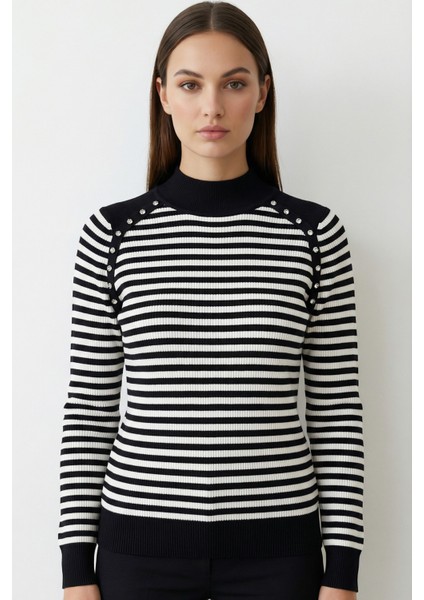 Kadın Omuz Taşlı Çizgili Triko Bluz Siyah modelleri