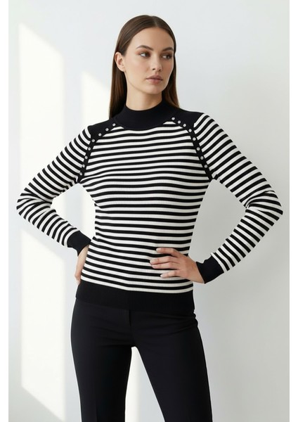 Kadın Omuz Taşlı Çizgili Triko Bluz Siyah fırsatları