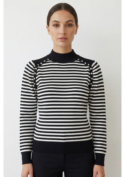 Kadın Omuz Taşlı Çizgili Triko Bluz Siyah indirimleri