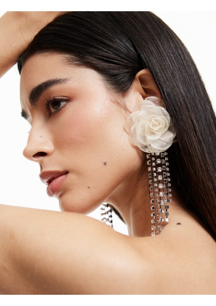 Büyük Boy Sallantılı Taş Detaylı Çiçek Küpe