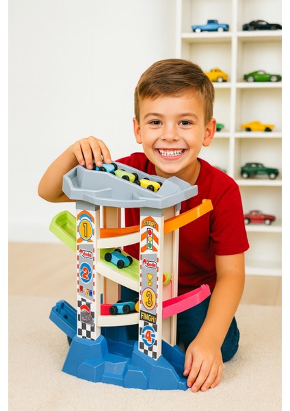 4 Katlı Turbo Hız Rampası Seti Mini Arabalı Dayanıklı Renkli Çocuk Oyun Rampası