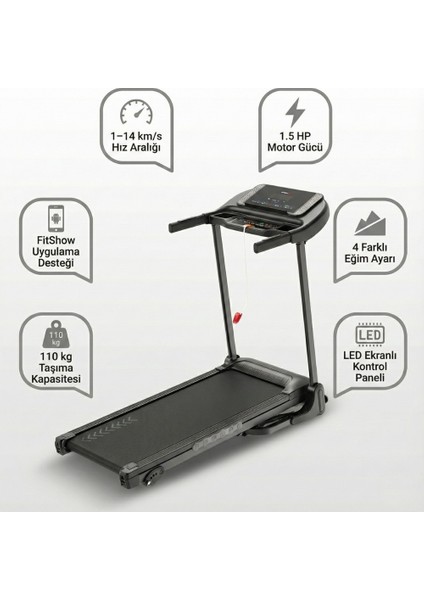 Katlanabilir Uygulamalı Dijital Koşu & Yürüyüş Bandı – 1.5 Hp Motor, 4 Kademeli Eğim