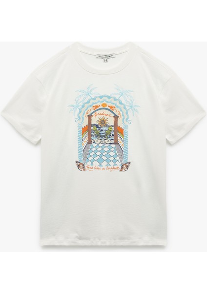 Pamuklu Kısa Kollu Bisiklet Yaka Baskılı Oversize Tişört