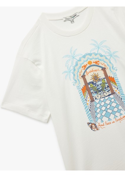 Pamuklu Kısa Kollu Bisiklet Yaka Baskılı Oversize Tişört modelleri