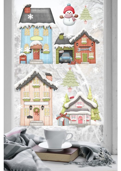 Renkli Noel Kasabası Cam Süsleme Stickerı, Yılbaşı Dekorasyonu, 100% Eğlenceli