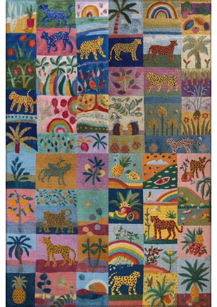 Auro 301 Çok Renkli Karma Şekil Leopar Botanik Tasarım Modern Yıkanabilir Halı Oda Ev Halısı