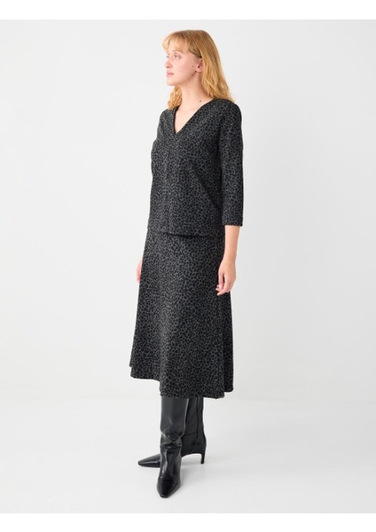 Siyah Rahat Kesim Yüksek Bel Leopar Desenli Midi Etek fiyatları