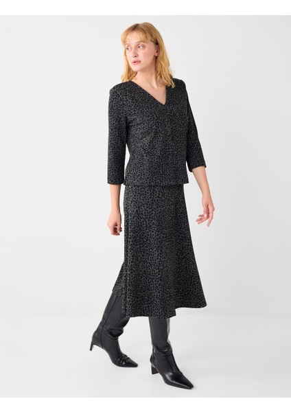 Siyah Rahat Kesim Yüksek Bel Leopar Desenli Midi Etek modelleri