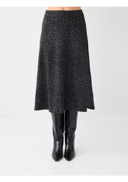 Siyah Rahat Kesim Yüksek Bel Leopar Desenli Midi Etek fırsatları