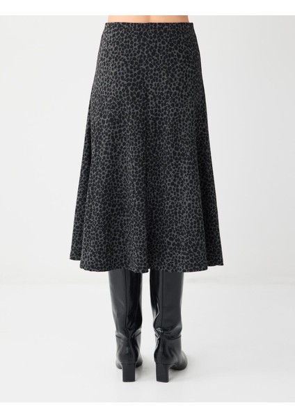 Siyah Rahat Kesim Yüksek Bel Leopar Desenli Midi Etek indirimleri
