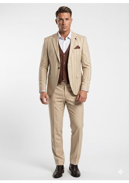 Erkek Çizgili Takım Elbise 3’lü Set – Ceket + Yelek + Pantolon – Slim Fit Italyan Tarz