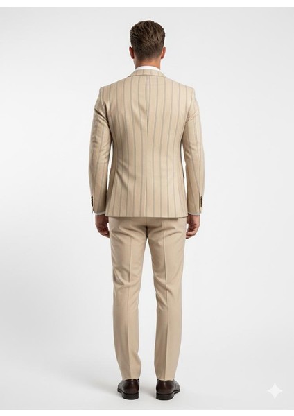 Erkek Çizgili Takım Elbise 3’lü Set – Ceket + Yelek + Pantolon – Slim Fit Italyan Tarz fiyatları