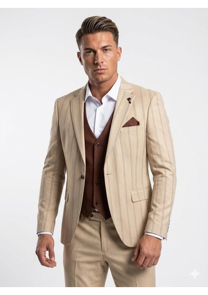 Erkek Çizgili Takım Elbise 3’lü Set – Ceket + Yelek + Pantolon – Slim Fit Italyan Tarz modelleri