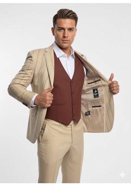 Erkek Çizgili Takım Elbise 3’lü Set – Ceket + Yelek + Pantolon – Slim Fit Italyan Tarz fırsatları