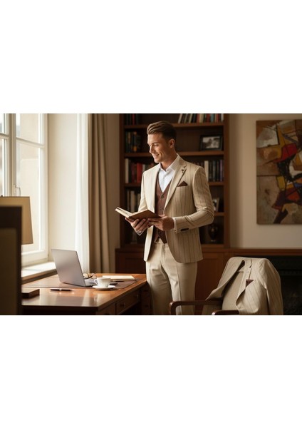 Erkek Çizgili Takım Elbise 3’lü Set – Ceket + Yelek + Pantolon – Slim Fit Italyan Tarz indirimleri