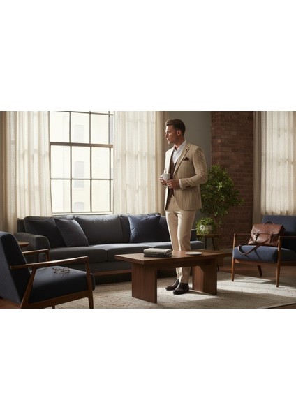 Erkek Çizgili Takım Elbise 3’lü Set – Ceket + Yelek + Pantolon – Slim Fit Italyan Tarz