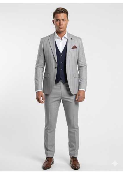 Erkek Çizgili Takım Elbise 3’lü Set – Ceket + Yelek + Pantolon – Slim Fit Italyan Tarz