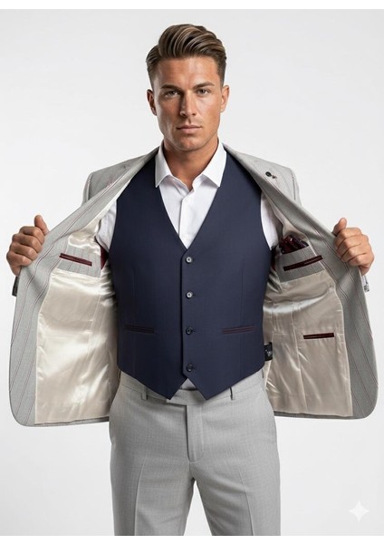 Erkek Çizgili Takım Elbise 3’lü Set – Ceket + Yelek + Pantolon – Slim Fit Italyan Tarz fırsatları