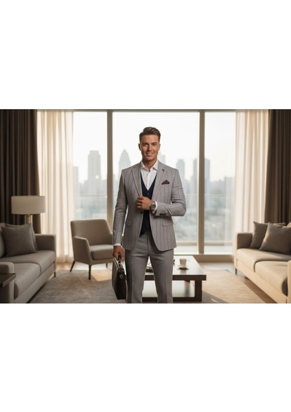 Erkek Çizgili Takım Elbise 3’lü Set – Ceket + Yelek + Pantolon – Slim Fit Italyan Tarz indirimleri