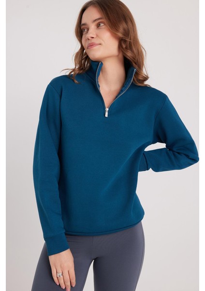 Kadın Relax Fit Rahat Kesim Pamuklu Içi Polarlı Yarım Fermuarlı Indigo Dik Yaka Sweatshirt