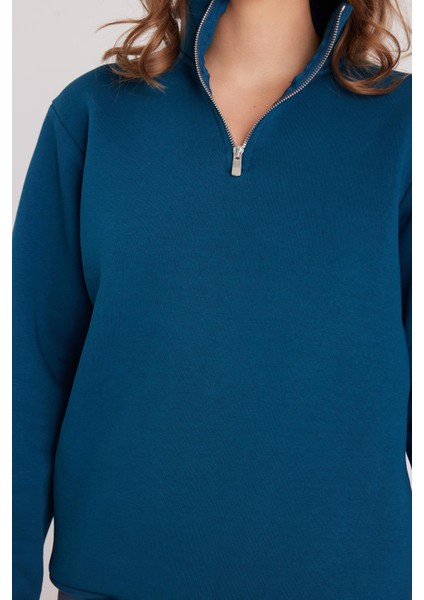 Kadın Relax Fit Rahat Kesim Pamuklu Içi Polarlı Yarım Fermuarlı Indigo Dik Yaka Sweatshirt modelleri