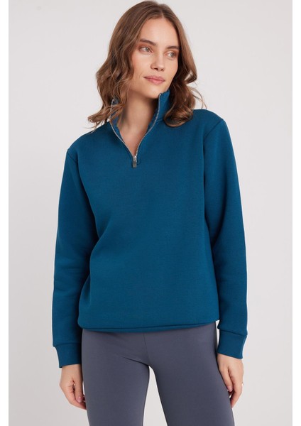 Kadın Relax Fit Rahat Kesim Pamuklu Içi Polarlı Yarım Fermuarlı Indigo Dik Yaka Sweatshirt fırsatları