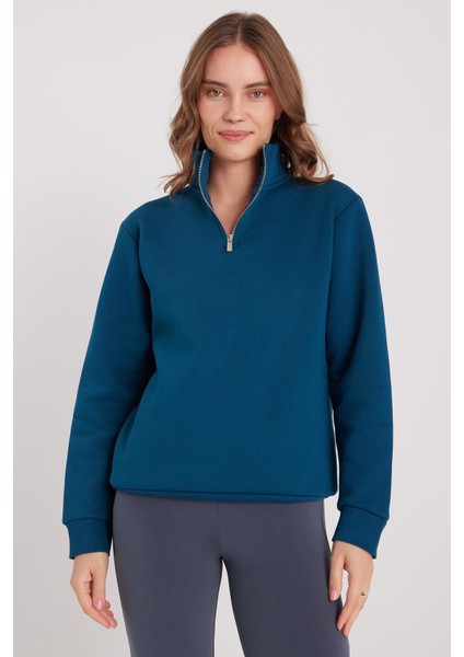 Kadın Relax Fit Rahat Kesim Pamuklu Içi Polarlı Yarım Fermuarlı Indigo Dik Yaka Sweatshirt indirimleri