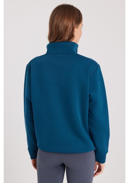 Kadın Relax Fit Rahat Kesim Pamuklu Içi Polarlı Yarım Fermuarlı Indigo Dik Yaka Sweatshirt