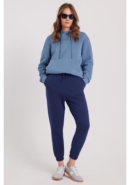 Kadın Oversize Geniş Kesim Pamuklu Yumuşak Dokulu Içi Polarlı Basic Indigo Kapüşonlu Sweatshirt fırsatları